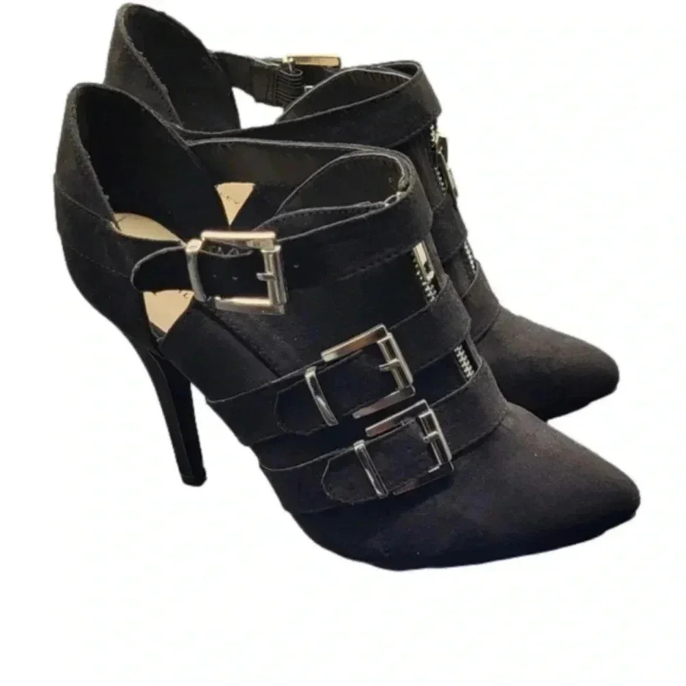 Ashley Stewart Black Buckle Bootie Heels Pointed Toe Stiletto Ankle Boots Womens